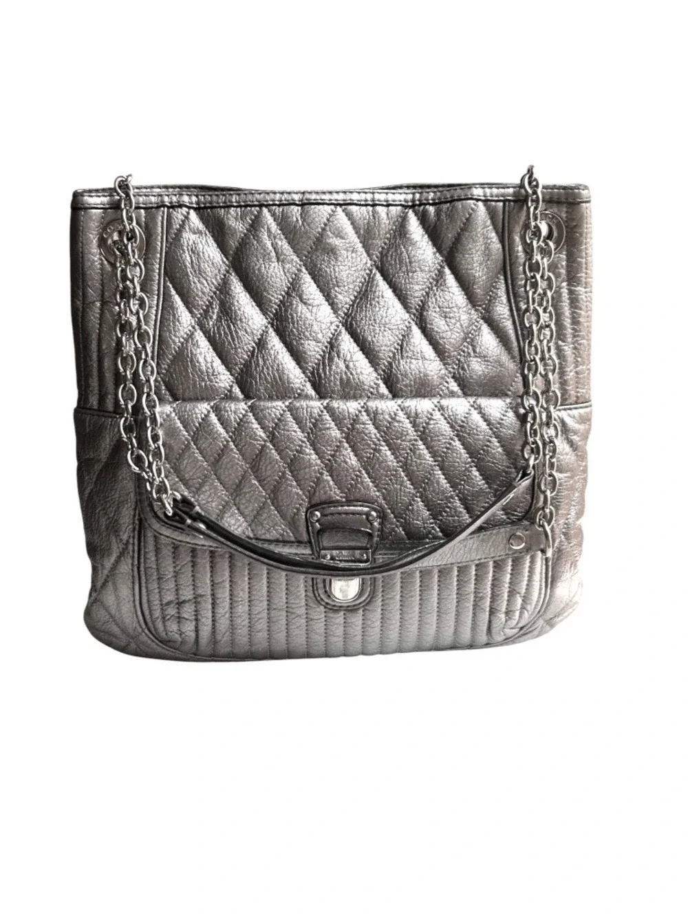 Coach Poppy 19854 Slim Leather Quilted Metallic Platinum Shoulder Tote
